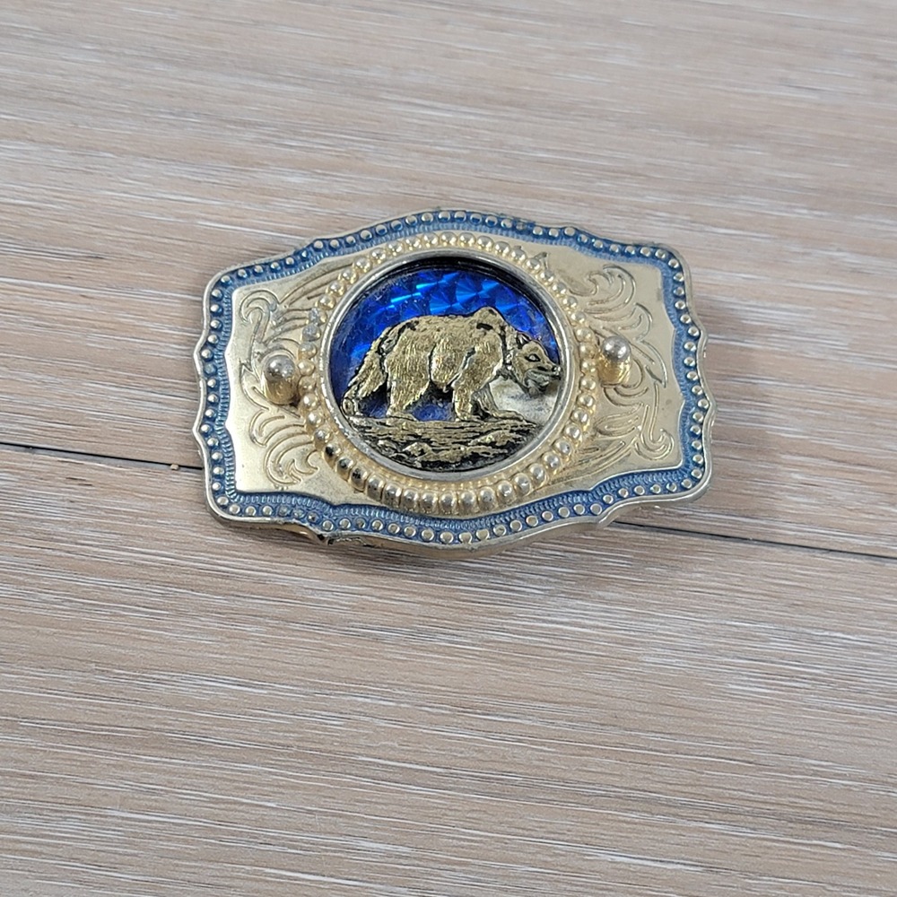 Vintage Grizzly Bear Belt Buckle Gold Tone Blue Prismatic Western Wildlife
